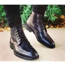 Handmade Mens Black Cap Toe Ankle High Boots, Mens Oxfords Lace up Boots