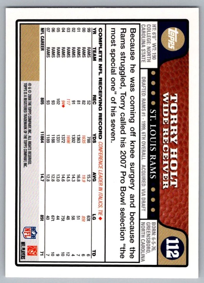 2008 Topps Torry Holt St. Louis Rams #112 - Image 2 of 2