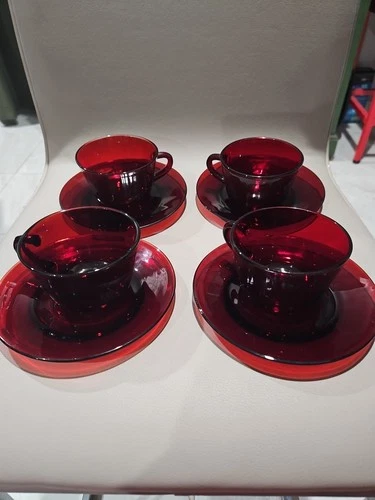 Vintage Royal Ruby Red Anchor Hocking Teacups and Saucers Set of 4 Excellent Con