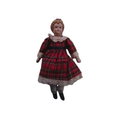 1990 7 Porcelain Head Doll Red Tartan Lace Dress. VTG Casual