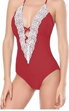 Time Tru Rusty orange red one piece swimsuit with ivory lace trim - L