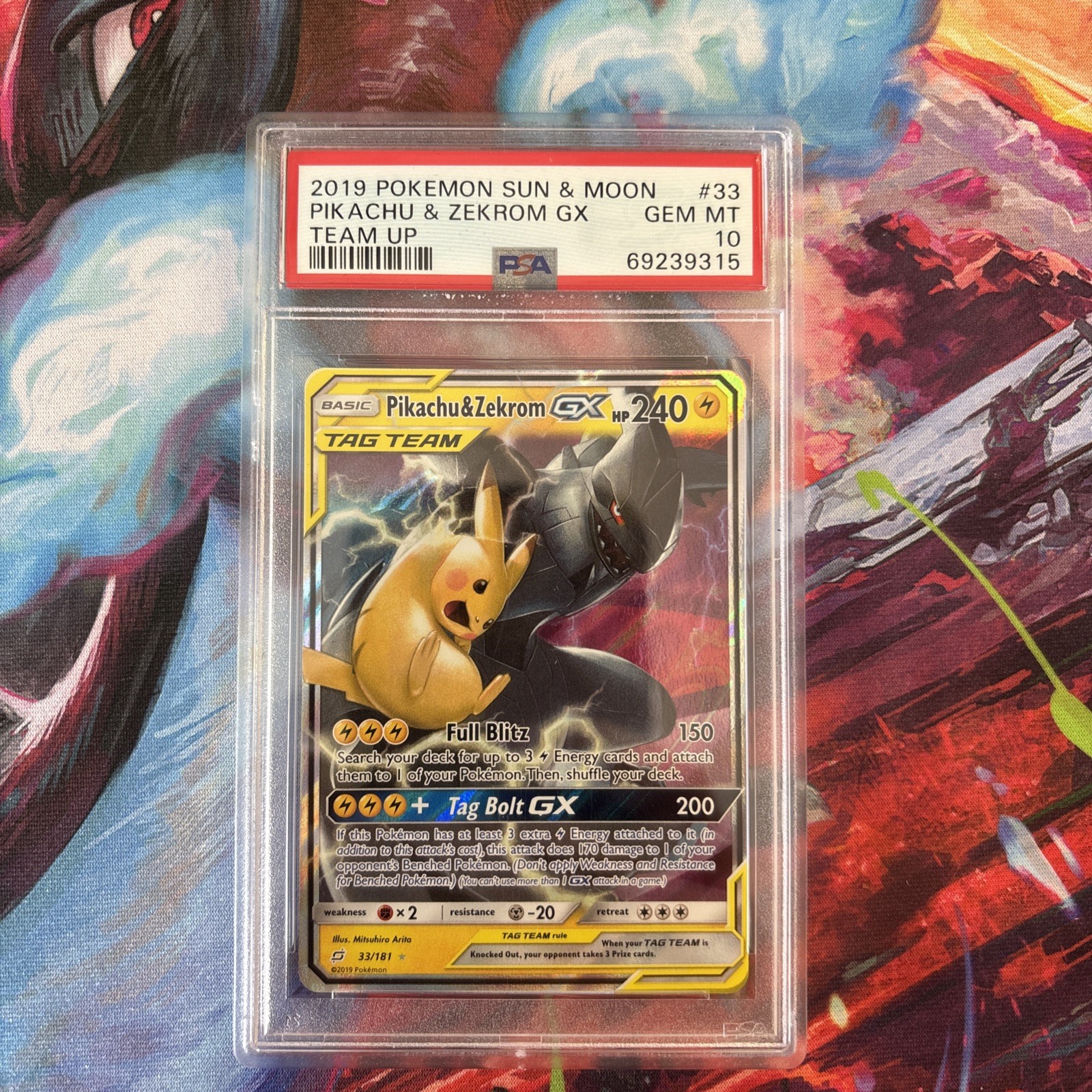 PSA 10 Pikachu & Zekrom GX 33/181 Sm-Team Up Holo Pokemon Card