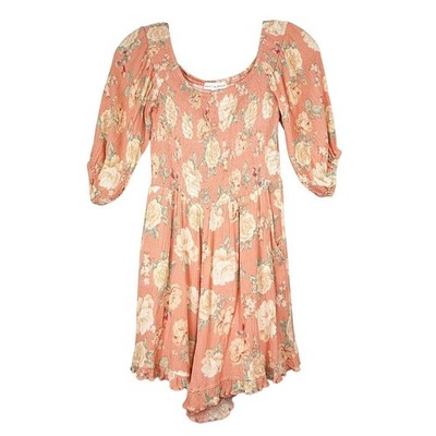 Coco + Jaimeson Floral Smocked Romper Coral Peach Puff Sleeve CX1072-453A