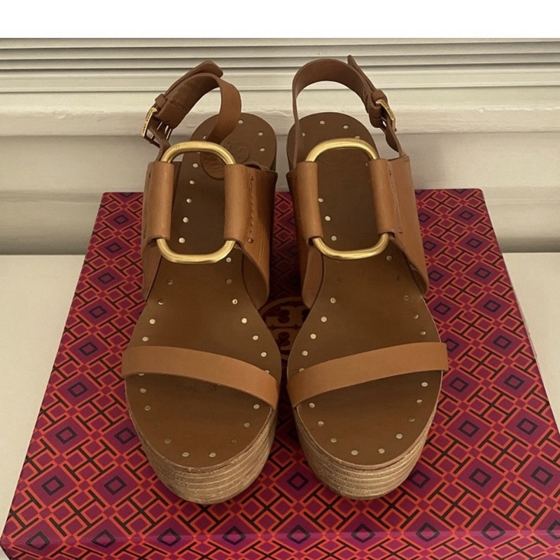 Tory Burch Platform Wedge Sandals Tan Leather Buckle Adjustable Strap 8.5