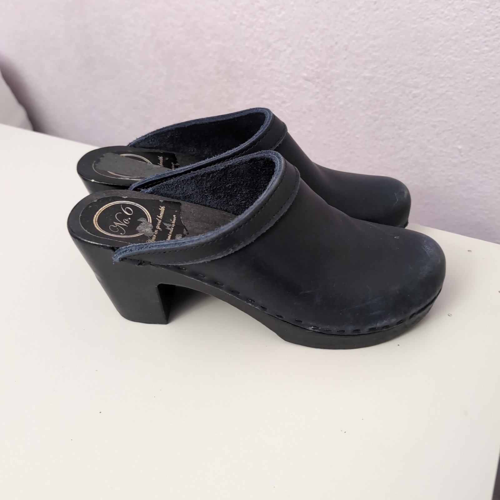 No. 6 Old School High Heel Clogs Women's Size 39 Closed Toe Black Leather