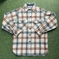 Vintage Woolrich Flannel Shirt Jacket Men M Green Cream Plaid Heavy 60s 70s Wool