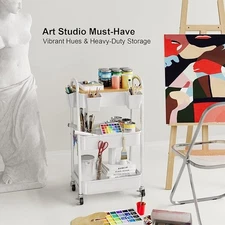 3 Tier Rolling Cart with Wheels & Wood Table Top, Art Cart Organizer on Wheels w