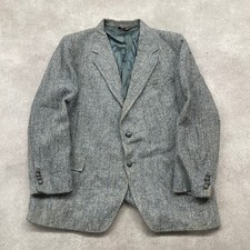 Harris Tweed Blazer Mens Large Vintage 100% Wool Herringbone Made In Coat, Grey