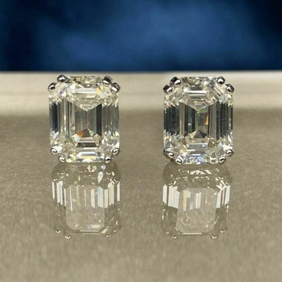 4Ct Emerald Created Diamond Solitaire Push Stud Earrings 14K White Gold Over