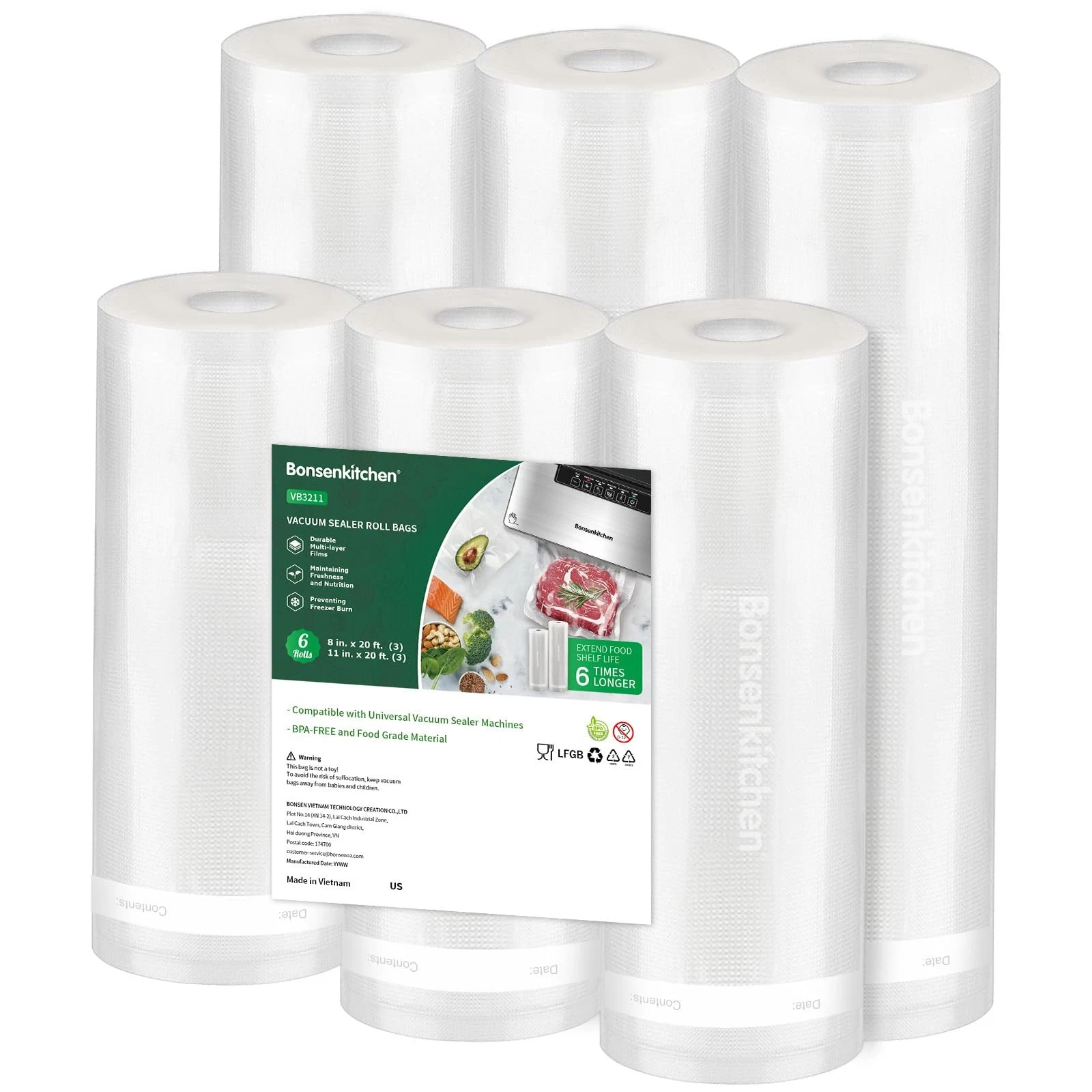 Bonsenkitchen Vacuum Sealer 3 Rolls 8 in*20 ft + 3 11 ft, Clear