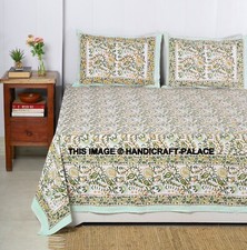Indian Hand Block White Flower Print Bed Sheet Bedspread Queen Cotton Bedding