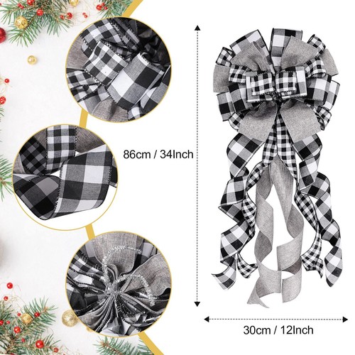 Christmas Bow Tree Topper Plaid Large Christmas Tree Topper Buffalo Plaid Dec... - Picture 2 of 9