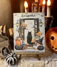 Black Cat, Owl, Beware, Halloween Handcrafted Plaque / Sign