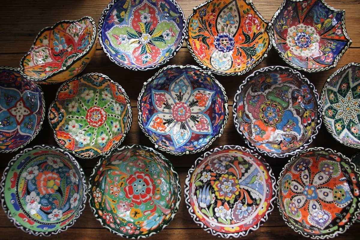 Colourful Turkish ceramic bowls - 12cm, handmade, hand painted Ottoman  designs | eBay