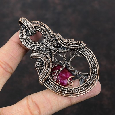 Kashmir Rubi Jewelry Copper Gift For Him Wire Wrapped Tree Of Life Pendant 3.35''