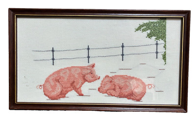 Vintage Schweine Stickerei Kreuzstich gerahmtes Bild Landhaus Küche Cottagecore