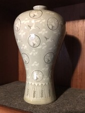 Jarrón Coreano Celadon Vintage Grúa Voladora Medallón Patrón Firmado Verde