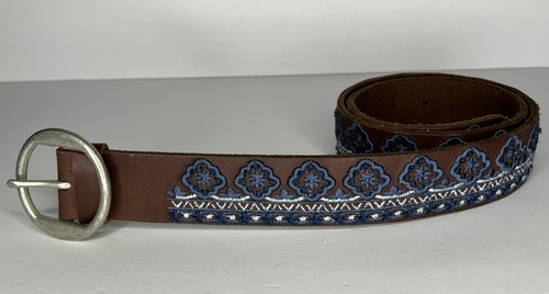 Lucky Brand Brown Leather Belt Blue Embroidery Buckle Boho Western Size W-XS
