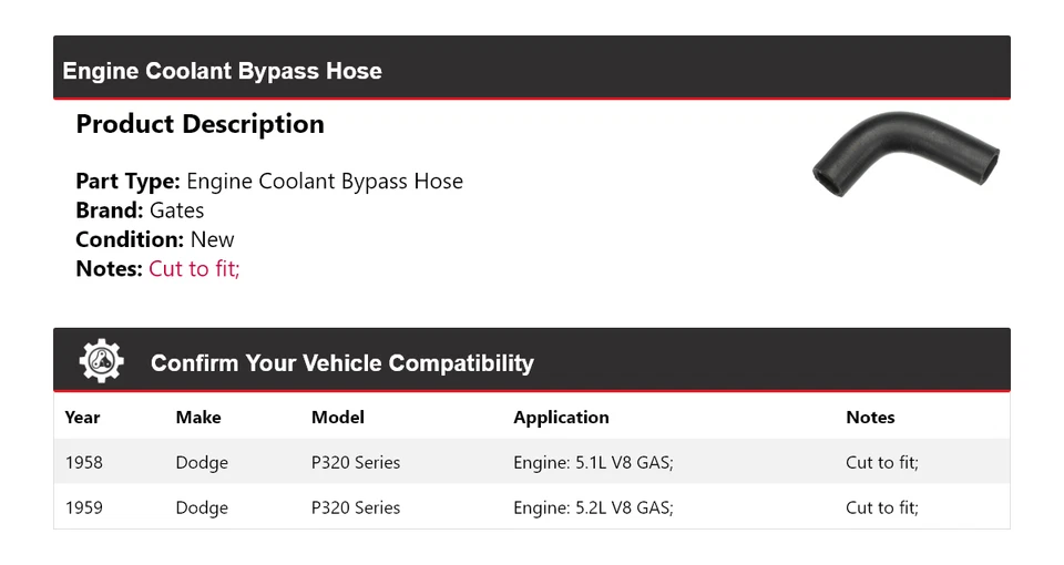 Puertas de manguera de derivación de refrigerante de motor serie Dodge P320 1958-1959 Foto 2 de 4