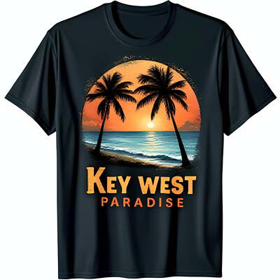 Black T-Shirt with Vibrant Key West Paradise Beach Scene Graphic
