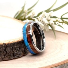 Christmas Gifts Ring Whiskey Barrel Wood With Blue Opal Band 8mm Silver Tungsten