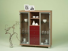 Highboard Sideboard Kommode mit Glastüren, Nussbaum hell - Rot Hochglanz