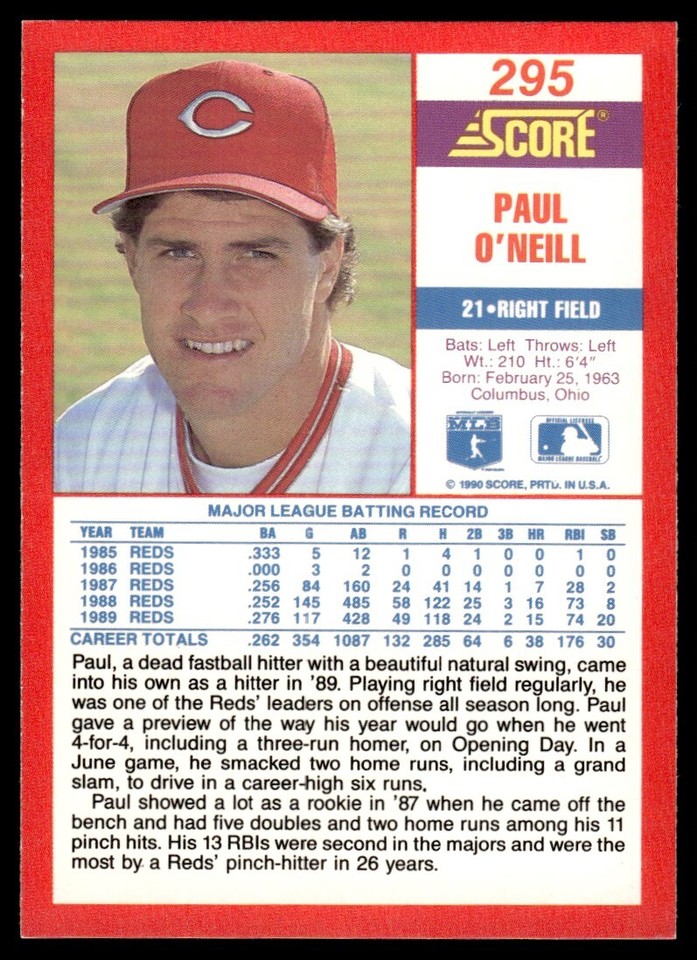 1990 Score Paul O'Neill Cincinnati Reds 295 eBay