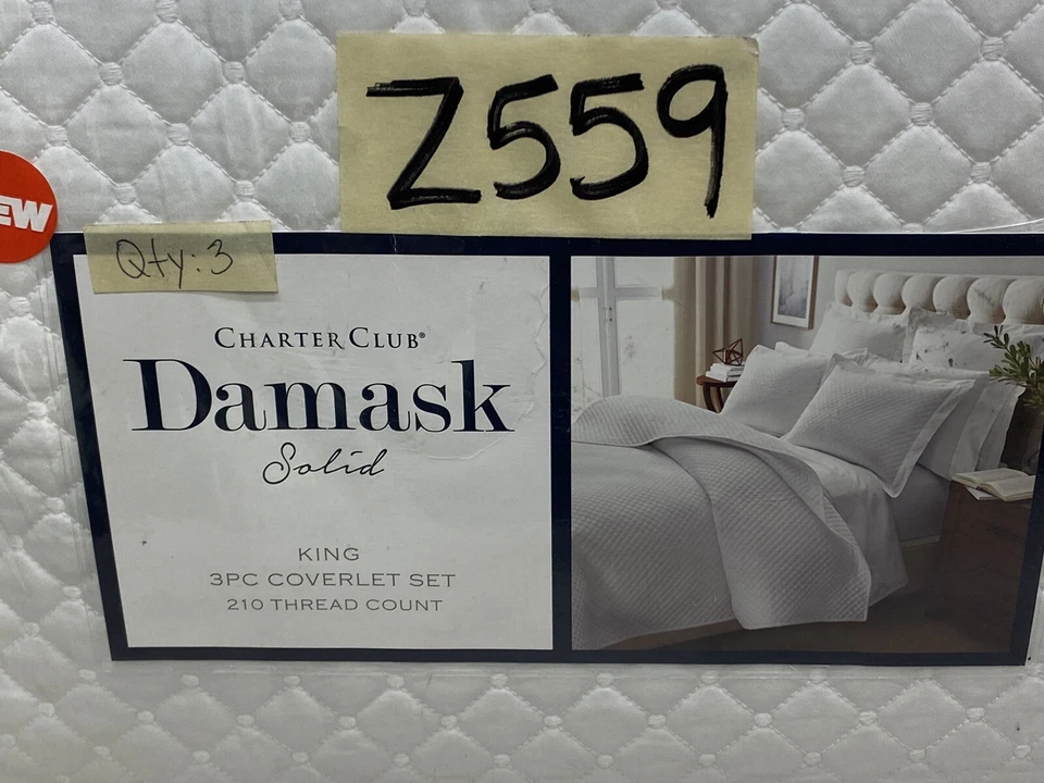 Charter Club Damask Quilted Solid King Coverlet & Shams 3pc Set White New - Image 3 of 4