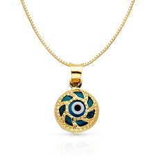 14K Yellow Gold Evil Eye Charm Pendant with 0.8mm Box Chain Necklace