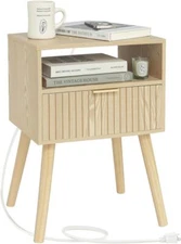 Bedside table with charging post, wooden bedside table with drawers