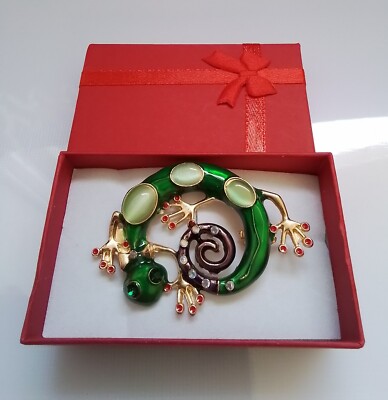 Schöne grüne Schmuckstein Eidechse/Gecko Brosche/Anstecknadel mit Geschenkbox 
