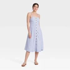 Universal Thread Dress Womens Small Blue Striped Corset Linen Midi A-Line