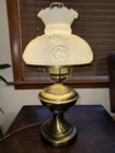 VTG Hurricane Table Lamp Brushed Brass Base Milk Glass Embossed Roses Lamp 21" B