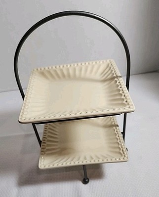 Let Us Entertain You!  Tiered Stand 2 Square Plates Real Home Beige Stoneware   