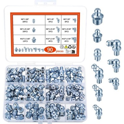 Schmiernippel Set 90 Stück, M6 M8 M10, 3 Winkel, Fettpresse, Kegelnippel