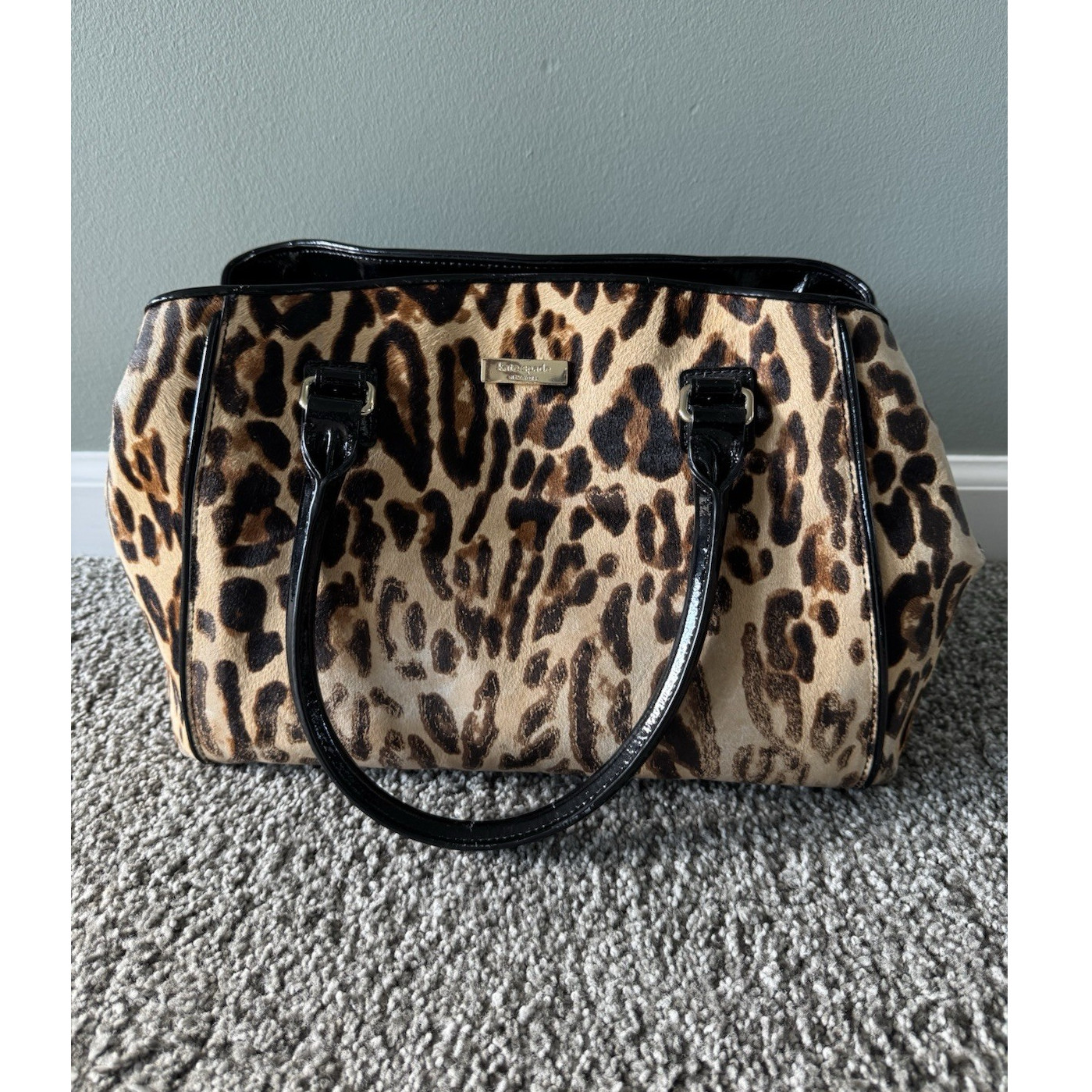 Kate Spade New York Leopard Print Satchel Top Handle Bag Zipper Accents Brown