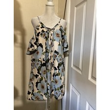 JOA Los Angeles Floral Cold Shoulder Mini Dress Blue Cream Lace Up BC4358 Medium