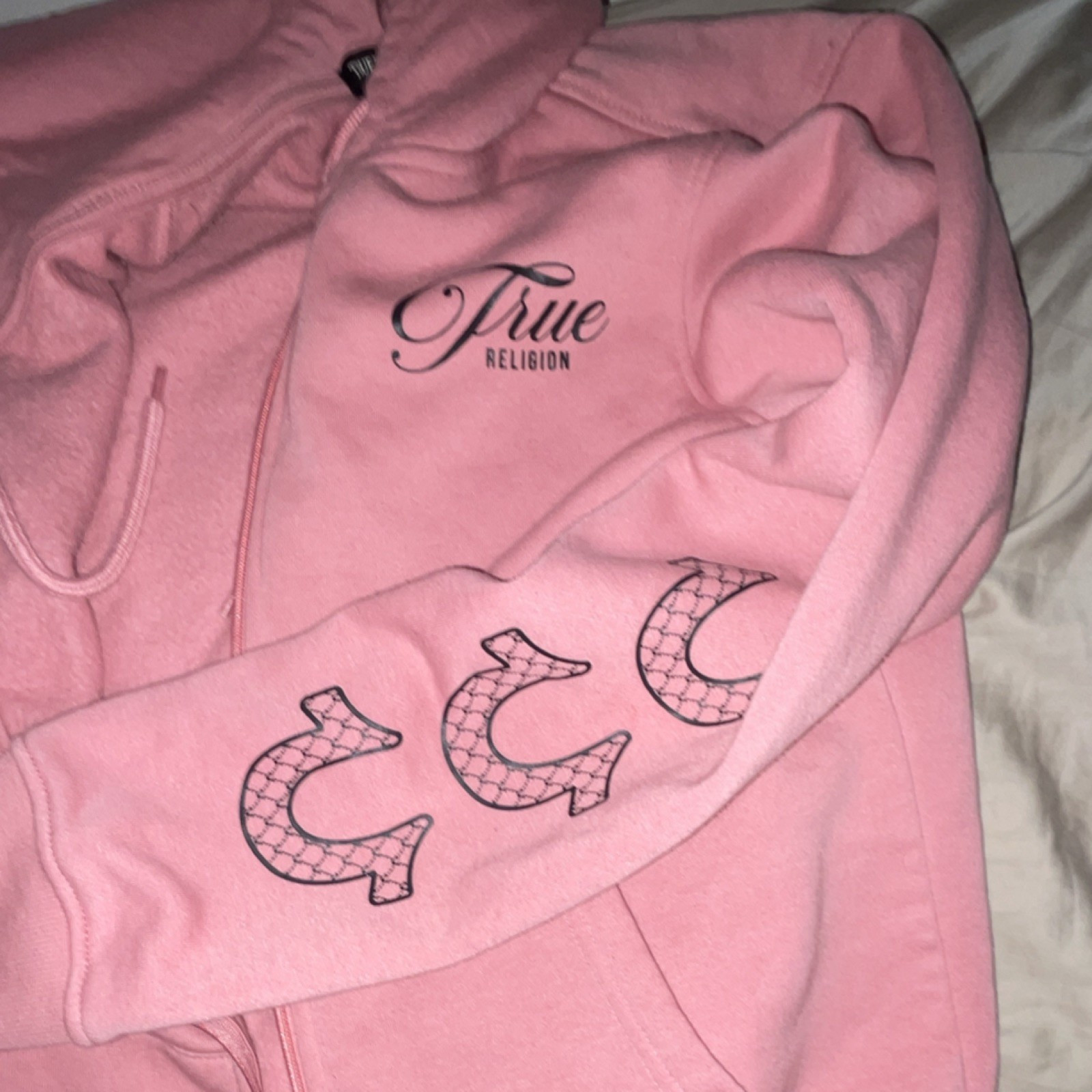 True Religion Pink Buddha Graphic Full Zip Hooded Fleece Hoodie
