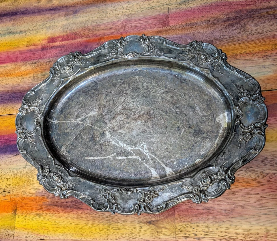 ⭐TOALLA DE COLECCIÓN Plato Ovalado Plateado Repujado Antiguo Maestro, Pátina MCM GRANDE Floral 4071 Foto 2 de 4