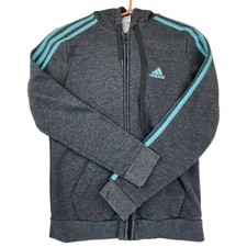 Adidas Small Gray Teal 3 Stripe Full Zip Hoodie Sweatshirt Sporty Gym Athleisure