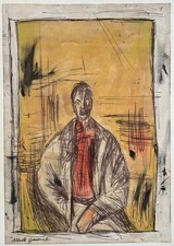 Alberto Giacometti (Handmade) Drawing On old Paper Signed & Stamped, Vtg Art