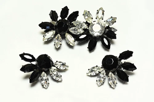 Vintage Miriam Haskell Black White Crystal Flower Brooch Earrings Set