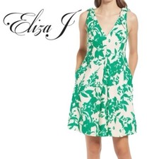 Eliza J Green Floral Linen Blend Resort V-Neck Fit & Flare Dress Size 6 NWT