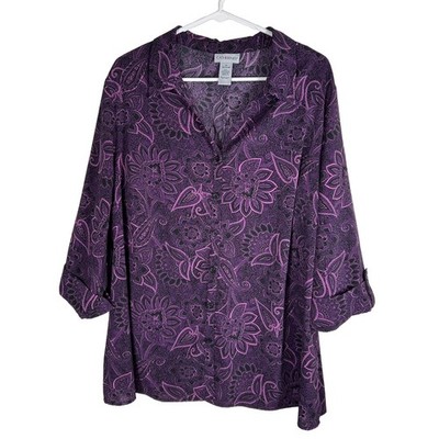Catherines Womens 1X Purple Paisley Floral Button Front 3/4 Sleeve Blouse Top