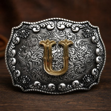 Initial Letter U Belt Buckle Western Cowboy Rodeo Gold Silver Tone Floral Scroll