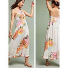 Farm Rio Havana Floral Cotton Maxi Dress Pom Pim Trim Tiered Small