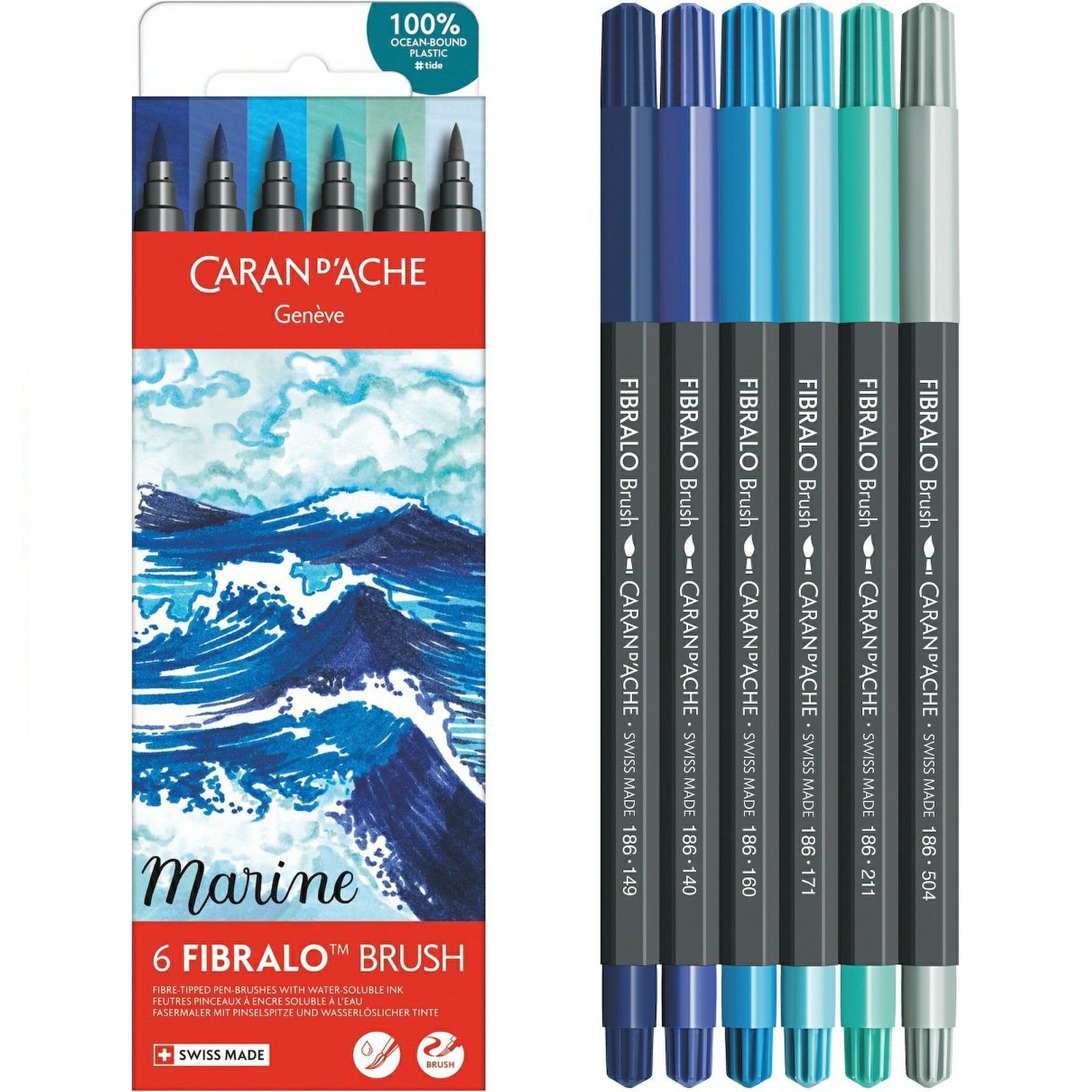 Caran d'Ache Marine Fibralo Brush Pens 6 Pack Water Soluble Art Calligraphy - Image 2