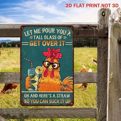 Funny Hen 'Get Over It' Vintage Metal Sign Rustic Farmhouse Humor Wall Decor