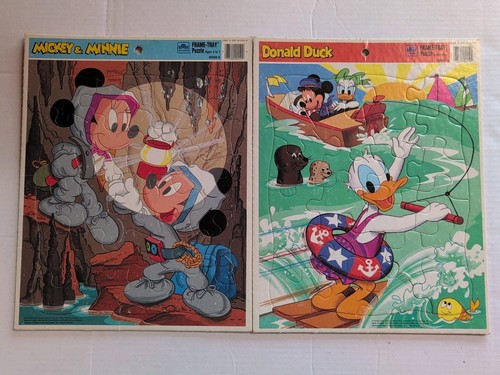 Lot of 2 Vintage Disney Puzzle Mickey & Minnie & Donald Duck Frame-Tray Golden - Picture 1 of 8