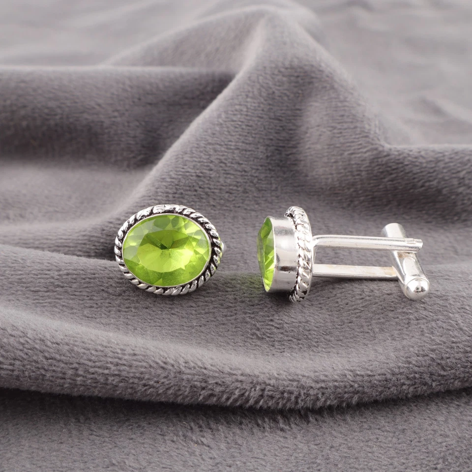 Gemelos de plata de ley 925 con piedras preciosas de peridoto verde para hombre joyería regalo para Foto 3 de 4
